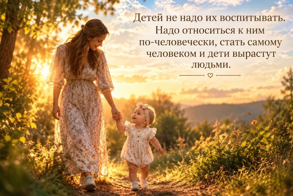 Мать и ребёнок идут за руки по лесной тропе в лучах заката