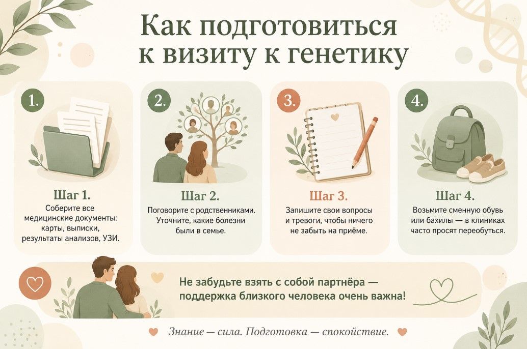 Инфографика: как подготовиться к визиту к генетику — 4 шага