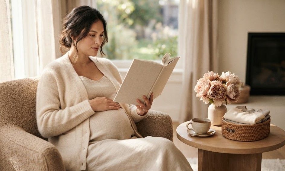 Будущая мама читает книгу о беременности