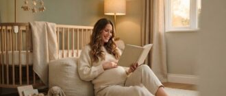 Будущая мама читает книгу о беременности в детской комнате