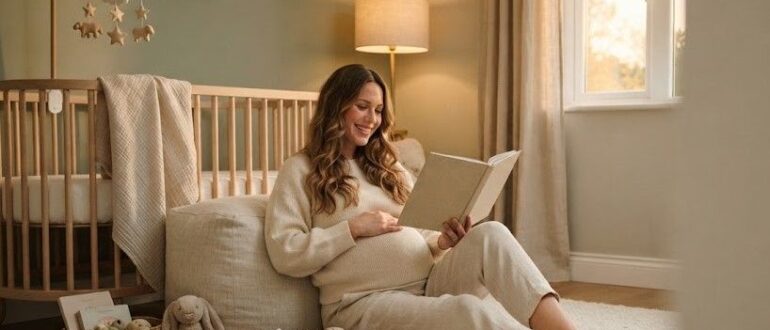Будущая мама читает книгу о беременности в детской комнате