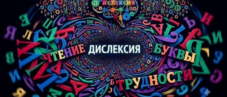 иллюстрация к статье о дислексии: буквы в хаотичном движении, кружатся в вихре, разбросаны по полю. Визуальная метафора того, как человек с дислексией воспринимает текст — буквы не складываются в слова, «пляшут» и теряются.