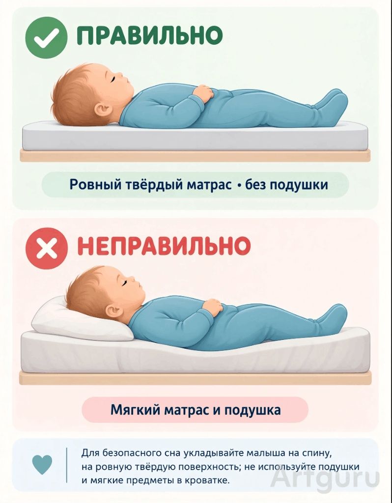 Правильное и неправильное положение ребенка во сне (с подушкой и без).