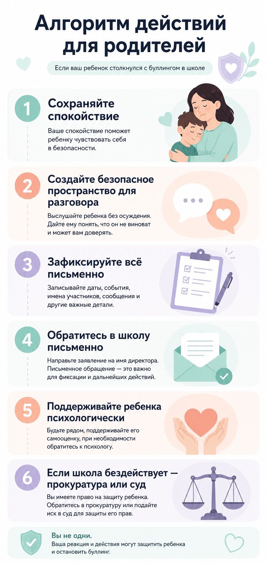 инфографика алгоритма действий для родителей детей, столкнувшихся с буллингом