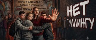 Детский плакат против буллинга с надписями: "Сила в единстве", "Борись с буллингом", "Сострадание" и "Насилие не ок"