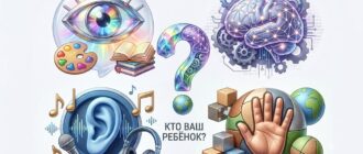 Иллюстрация четырех типов восприятия информации: визуал (глаз), аудиал (ухо), кинестетик (рука) и дигитал (мозг), со знаком вопроса и надписью «Кто ваш ребёнок?» в центре.