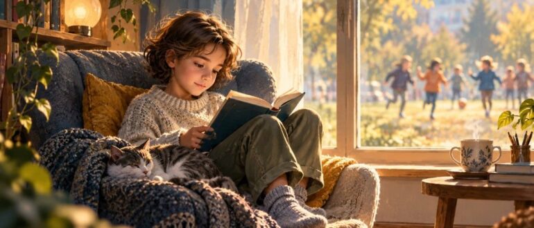 девочка-интроверт читает книгу