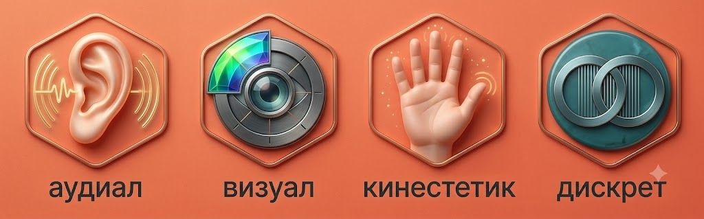 Иллюстрация четырех типов восприятия информации: аудиал (ухо), визуал (глаз), кинестетик (ладонь) и дискрет (логические круги)