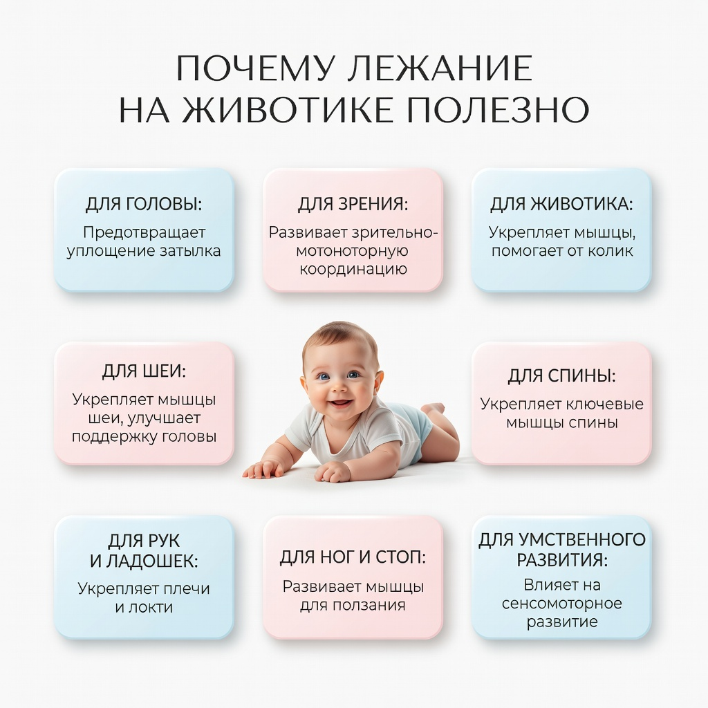 инфографика о пользе лежания на животике грудничка