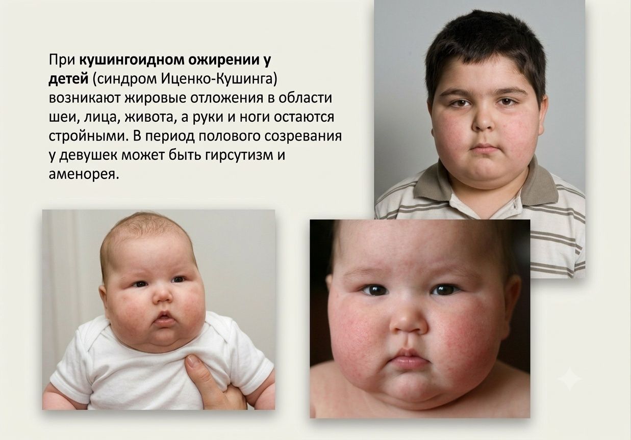 Кушингоидное ожирение у детей при синдроме Иценко-Кушинга: симптомы, лунообразное лицо и жировые отложения