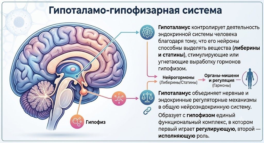 Гипоталамо-гипофизарная система»: схема взаимодействия гипоталамуса и гипофиза на срезе мозга, с описанием функций контроля эндокринной системы.
