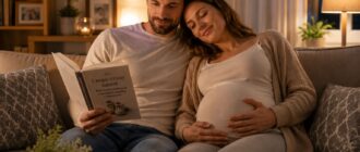 Будущий отец читает книгу о беременности и родительстве, положив руку на живот беременной партнёрши
