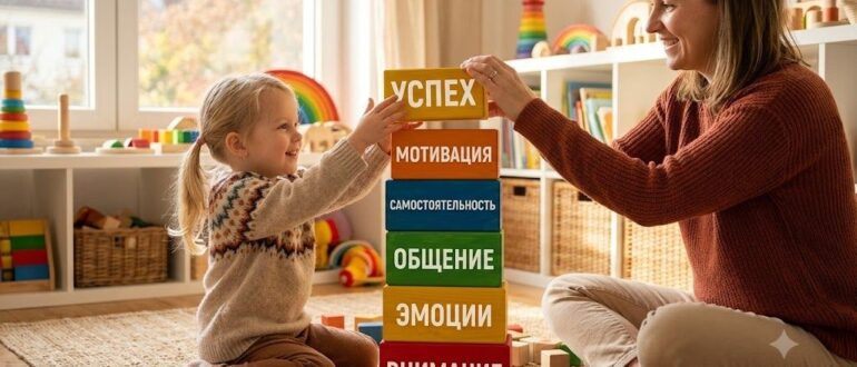 Психологическая готовность ребёнка к школе: девочка и мама строят башню из кубиков с надписями — внимание, эмоции, общение, самостоятельность, мотивация