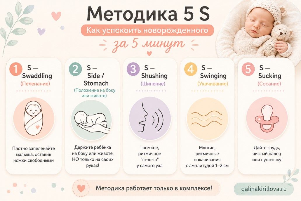 Инфографика: Как успокоить новорожденного. SOS-набор «5 S» Харви Карпа (для пиков перегрузки)