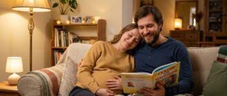 Беременная женщина с мужем читают детскую книгу вслух малышу в утробе. Пренатальное воспитание, осознанное родительство, эмоциональная связь с ребёнком до рождения