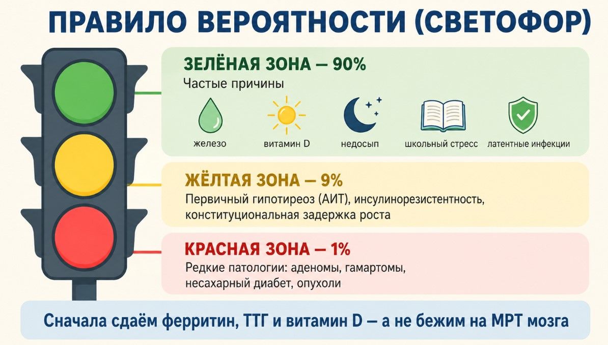 Инфографика «Правило вероятности (светофор)»: 90 % «лени» и усталости — это железо, витамин D, сон и стресс; 9 % — щитовидная железа и обмен веществ; и только 1 % — редкие заболевания. Начинаем с простых анализов, а не с МРТ.