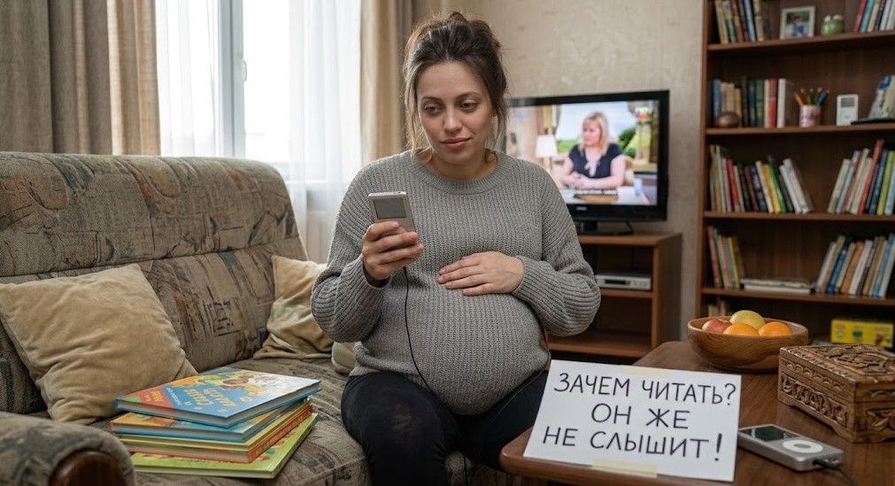 Беременная сидит в комнате на диване рядом с детскими книгами. На столе надпись: "Зачем читать? Он же не слышит!"